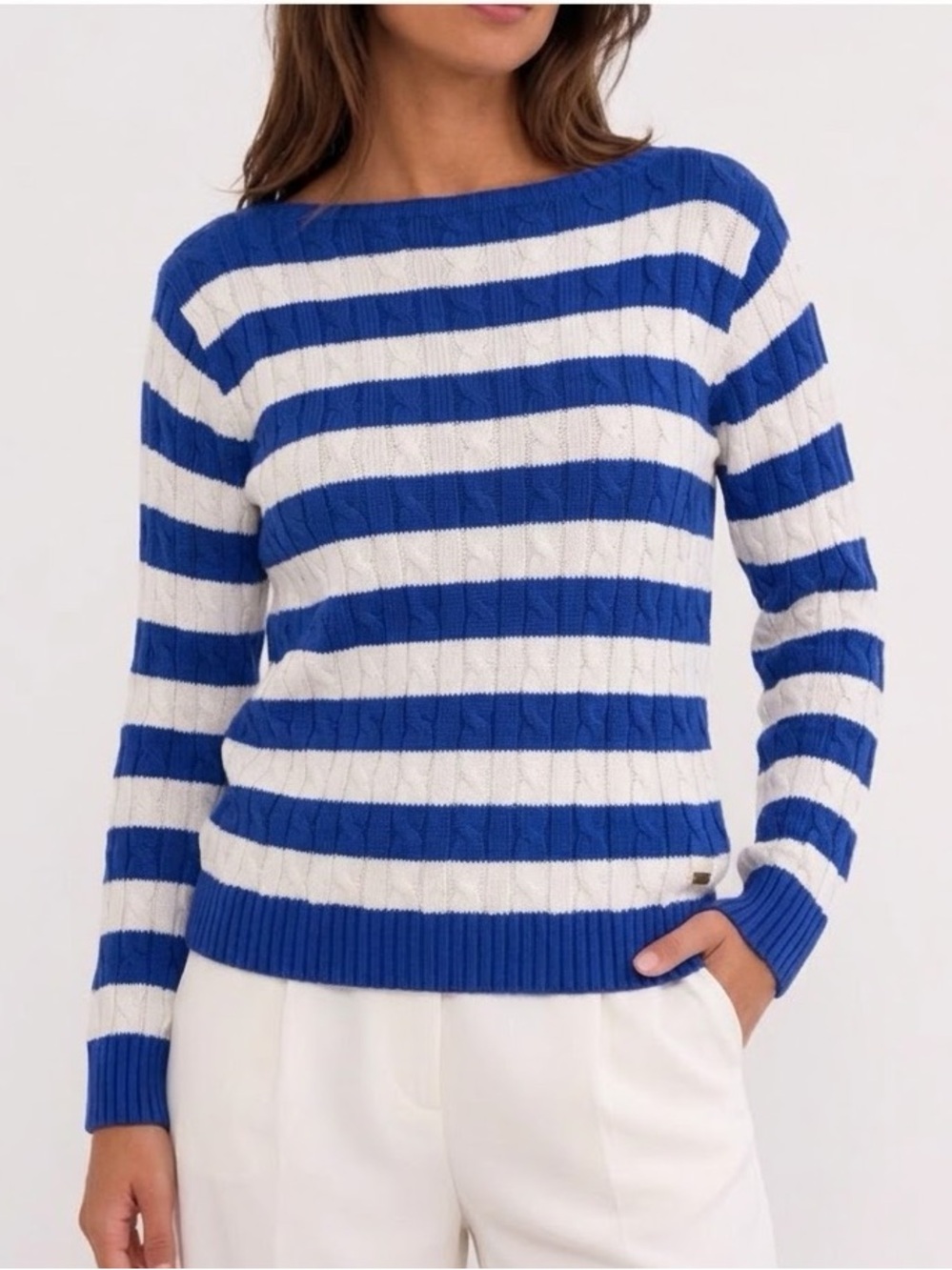 NEW Ralph Lauren Cable Knit Striped Blue Sweater Size Medium Womens NWT Boatneck